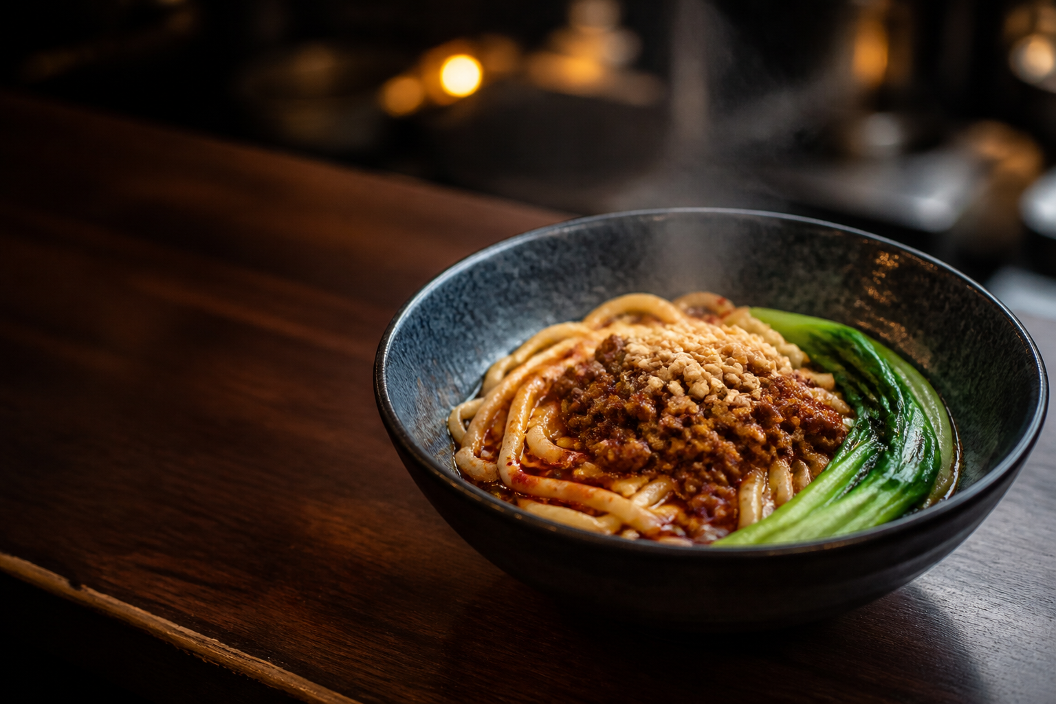 湯気の立つ汁なし担々麺のイメージ写真